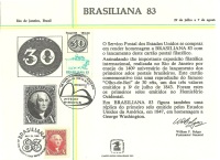 Picture of Brasiliana 83 postal card showing the first stamps issued in Brazil and the United States.