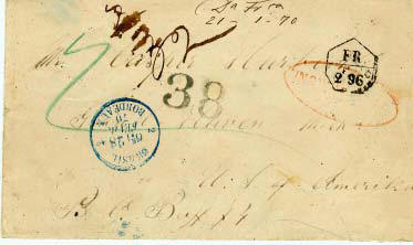 Front of the postal cover described in this article, includes multiple postal frankings
