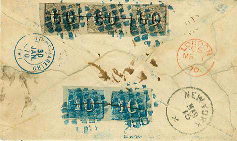 Back of the postal cover described in this article.  Includes five Brazilian stamps and several post marks
