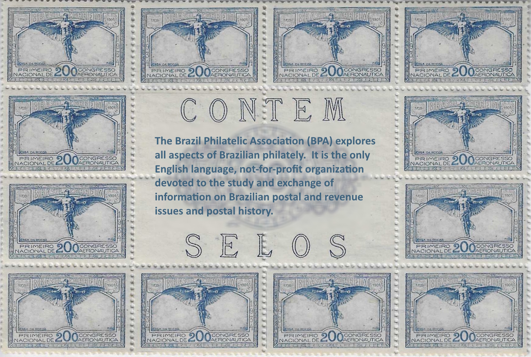 Center block of 1934 stamp commemorating the Aeronautical Congress in São Paulo, with statement saying, The Brazil Philatelic Association (BPA) explores all aspects of 
                Brazilian philately.&nbsp; It is the only English language, not-for-profit 
                organization devoted to the study and exchange of information on Brazilian 
                postal and revenue issues and postal history..